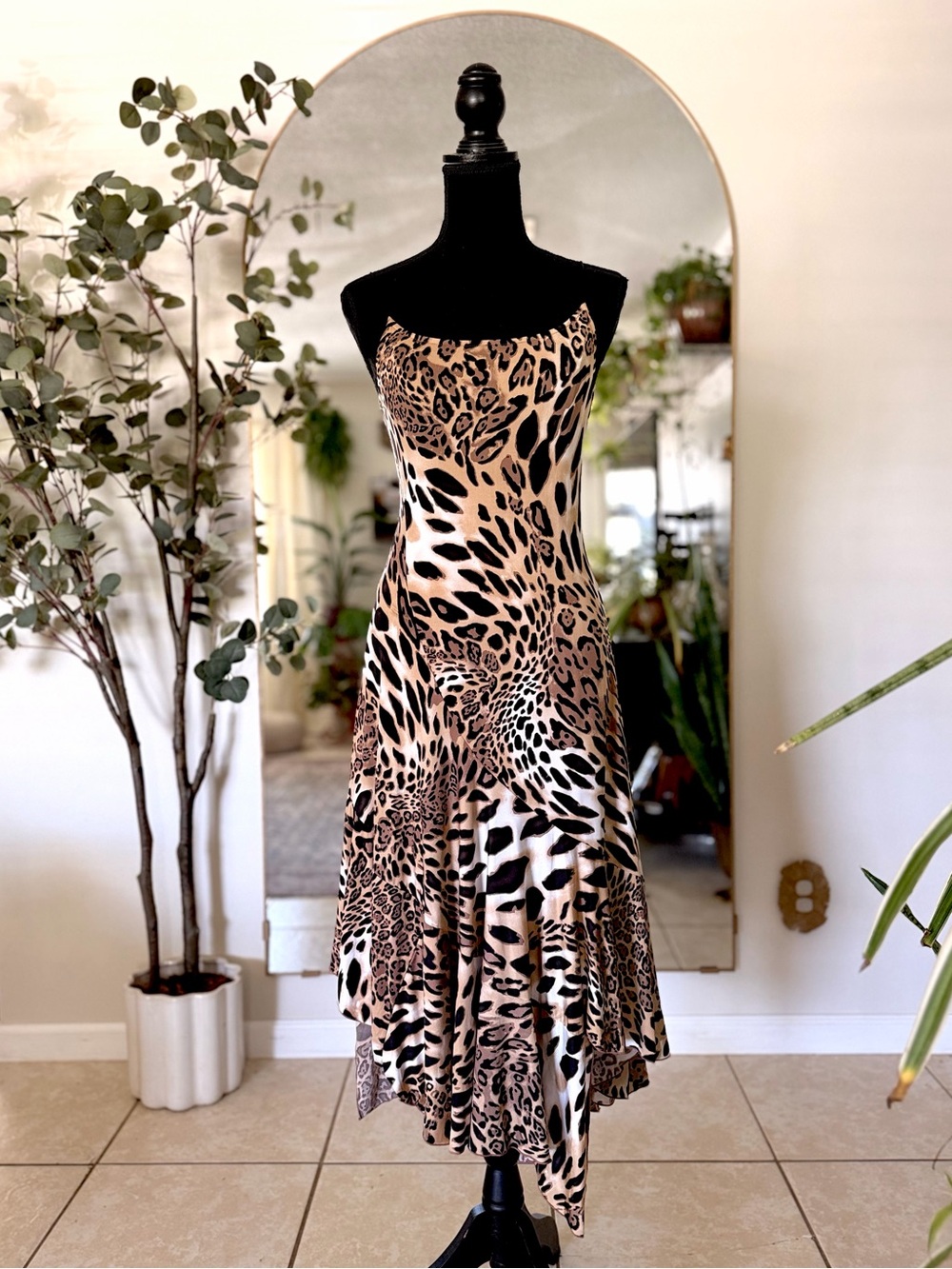 Vintage Newport News Leopard Print Asymmetrical Handkerchief Hem Midi Dress Med